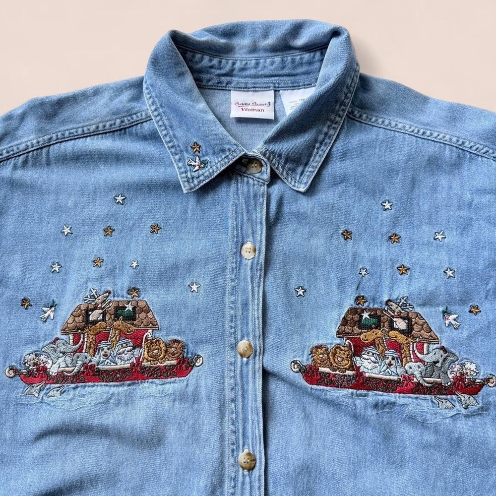 Bobbie Brooks Women's 18W/20W Denim Button-Up Shirt Embroidered Animals Festive